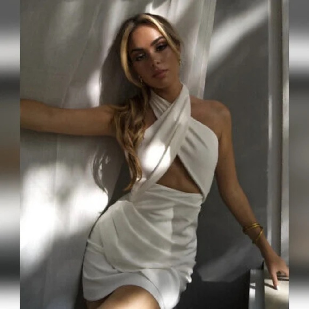 Zara Halter Mini Dress In Oyster White